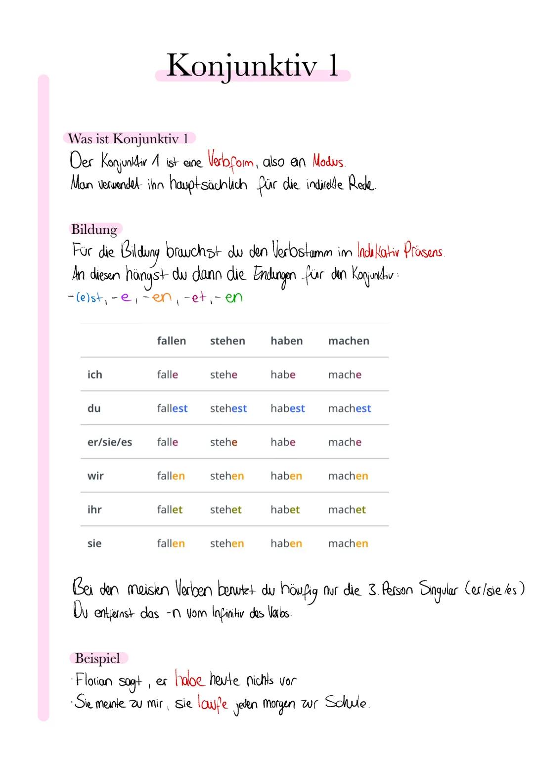 # Konjunktiv 1

Was ist Konjunktiv 1
Der Konjunktir 1 ist eine Verbform, also ein Modus.
Man verwendet ihn hauptsächlich für die indirekte R