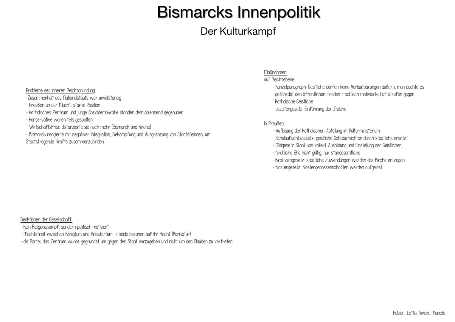 Probleme der inneren Reichsgründung
-Zusammenhalt des Nationalstaats war unvollständig
- Preußen an der Macht, starke Position
Bismarcks Inn