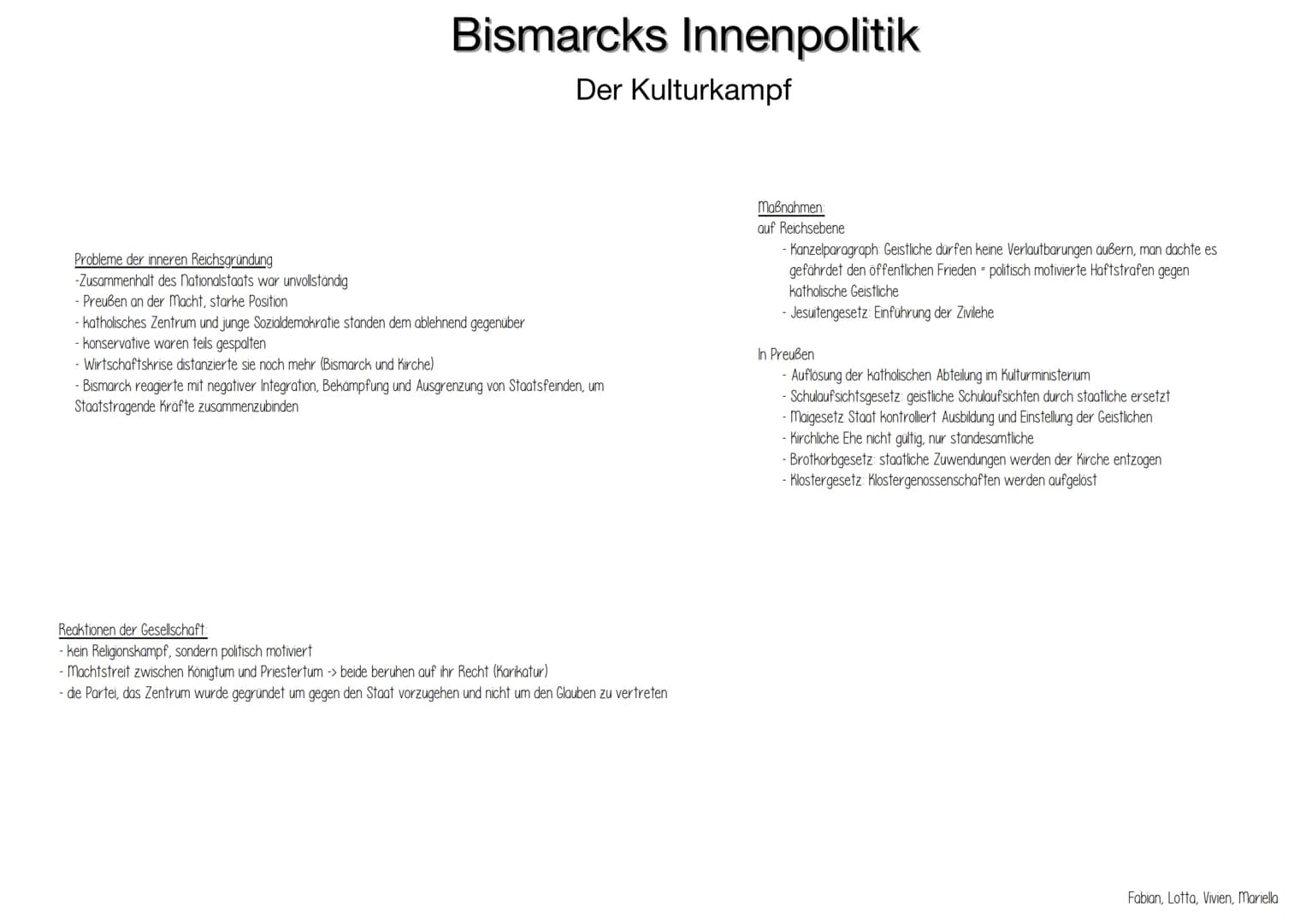 Probleme der inneren Reichsgründung
-Zusammenhalt des Nationalstaats war unvollständig
- Preußen an der Macht, starke Position
Bismarcks Inn