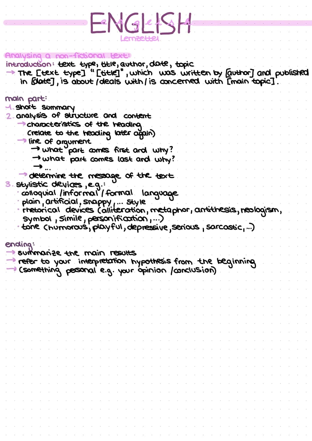 ENGLISH
Lernzettel.
Analysing a non-fictional text:
introduction: text type, title, author, date, topic
The [text type] "[title]", which was