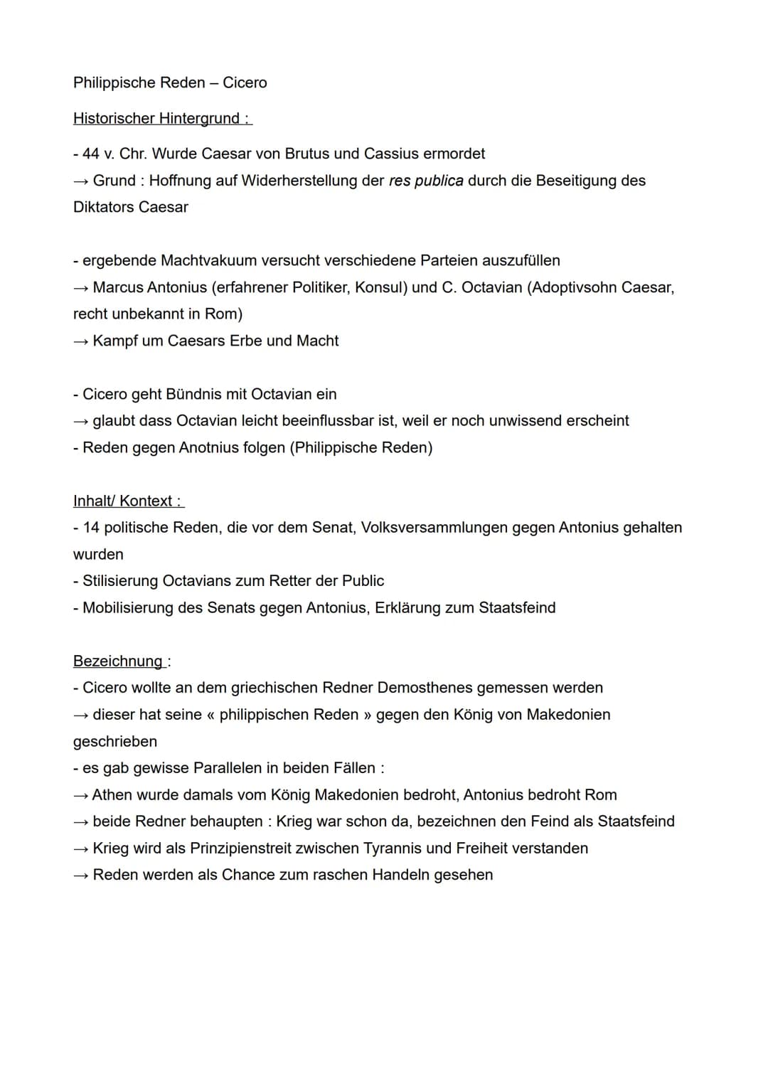 Philippische Reden - Cicero
Historischer Hintergrund:
- 44 v. Chr. Wurde Caesar von Brutus und Cassius ermordet
→ Grund: Hoffnung auf Widerh