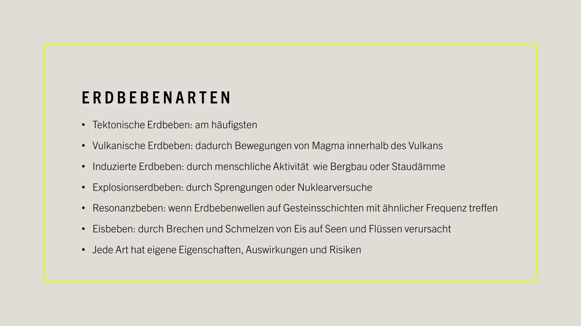 ERDBEBEN # DEFINITION

*   Erschütterung der Erdoberfläche
*   Entstehung durch Spannungen in der Erdkruste
*   Ursachen: Bewegung von tekto