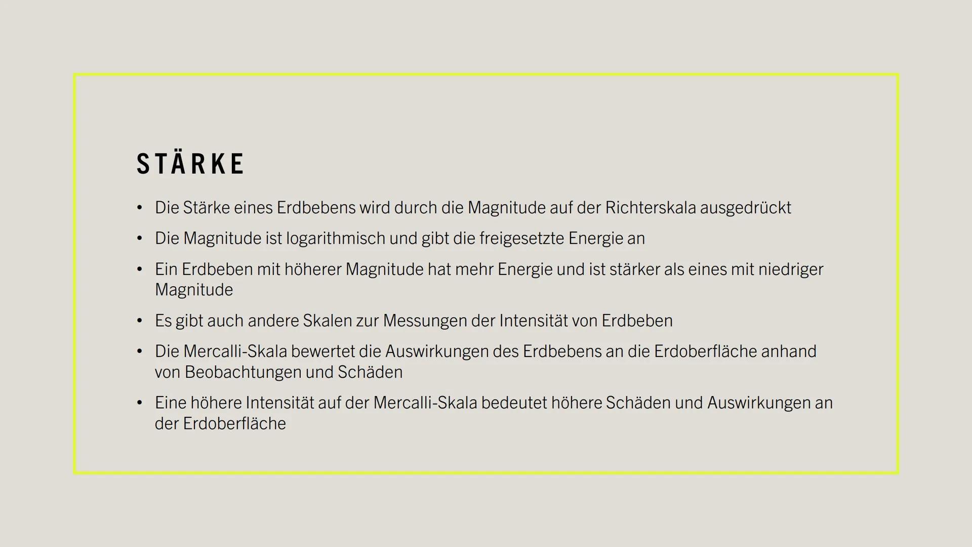 ERDBEBEN # DEFINITION

*   Erschütterung der Erdoberfläche
*   Entstehung durch Spannungen in der Erdkruste
*   Ursachen: Bewegung von tekto