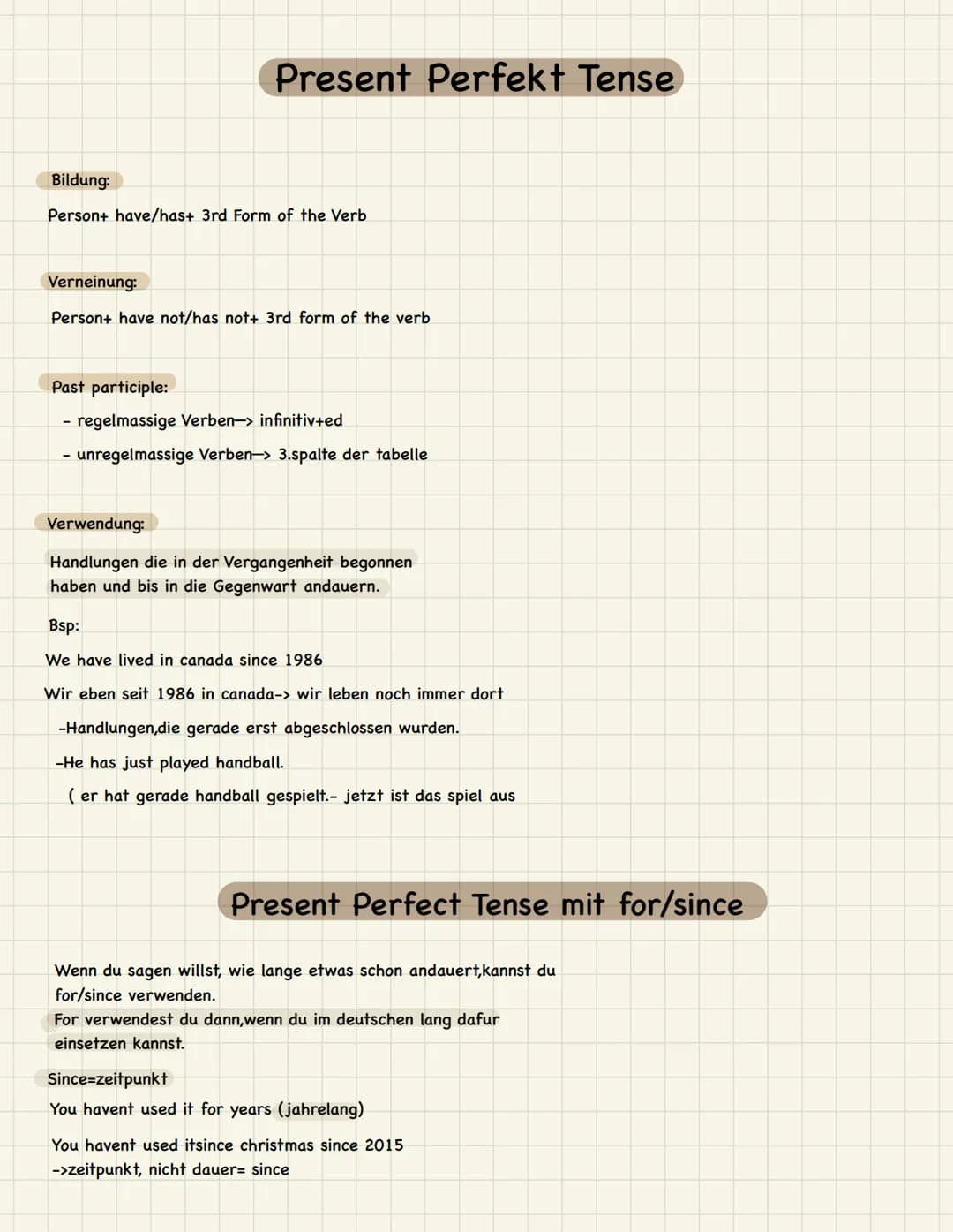 Present Perfekt Tense
Bildung:
Person+ have/has+ 3rd Form of the Verb
Verneinung:
Person+ have not/has not+ 3rd form of the verb
Past partic