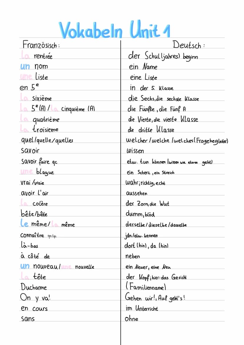 Französisch:
La rentrée
un nom
une liste
en 5e
La sixième
La 5 (A)/La cinquième (A)
La quatrième
La troisieme
quel/quelle/quelles
savoir
sav
