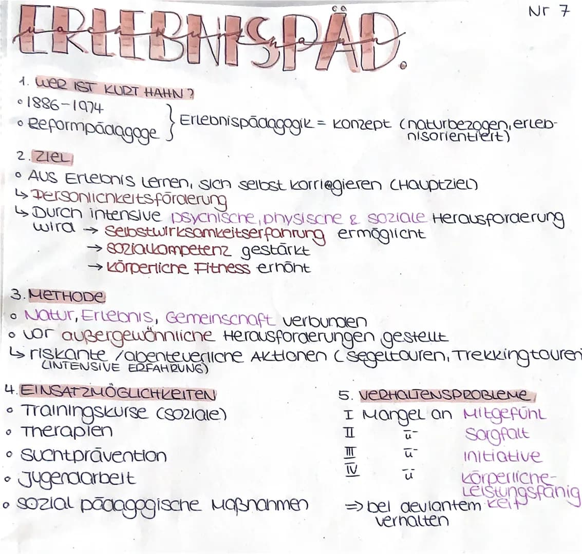 ERLEBNISPÄD.
1. WER IST KURT HAHN?
O 1886-1974
O
• Reformpädagoge
O
Erlebnispädagogik = Konzept (naturbezogen, erleb-
2. ZIELI
• AUS Erlebni