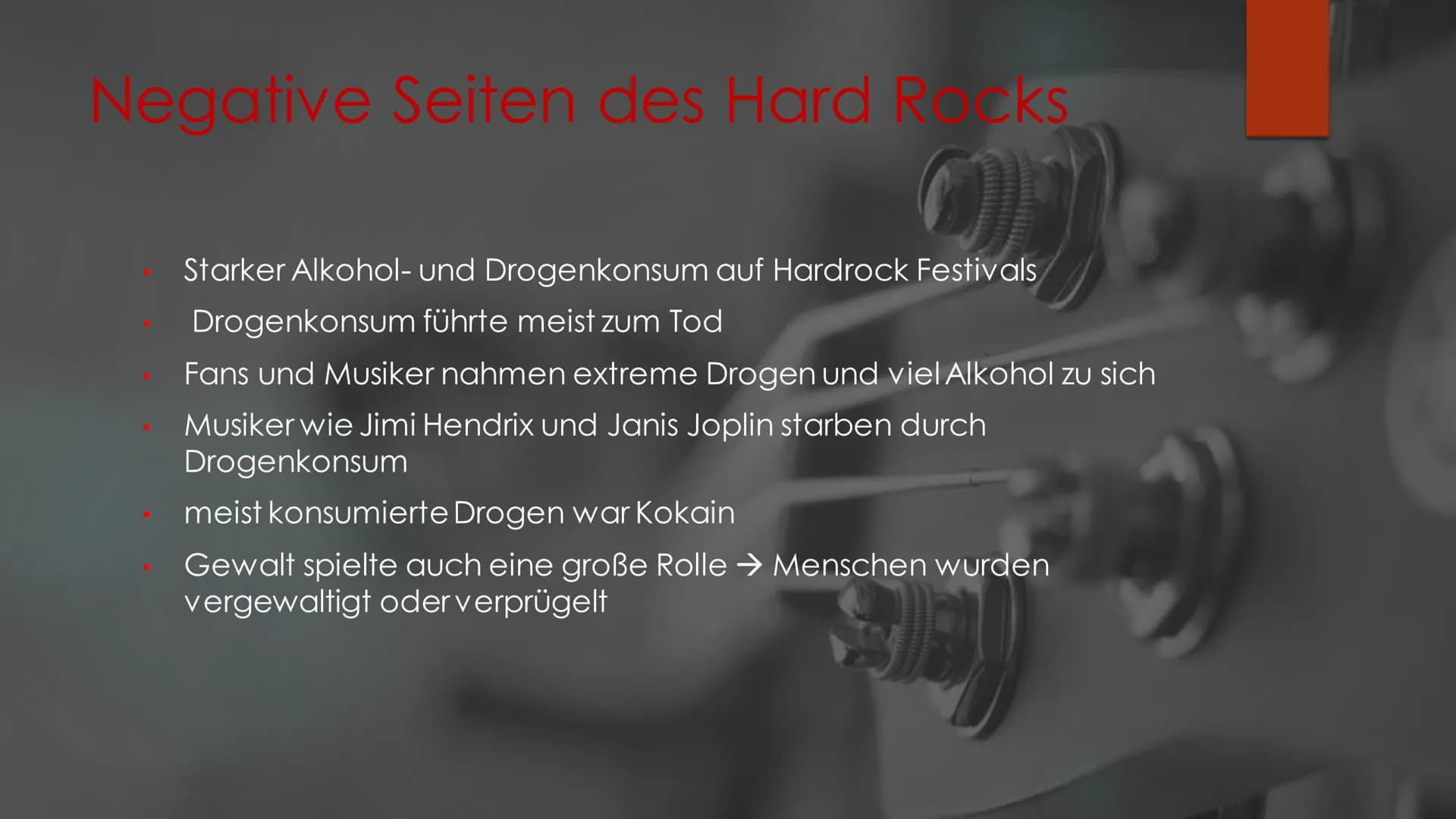 &
Hard Rock
MUSIKUNTERRICHT
IM NOVEMBER 2020 Inhaltvereichnis
Allgemeines
Was ist Hard Rock?
Entstehung
Musikalische Stilmittel
Vertreter
Kl