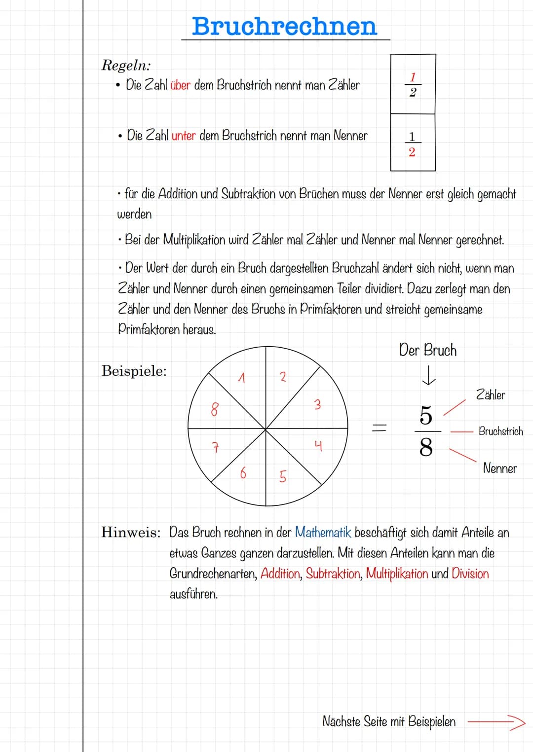 Bruchrechnung / Beschreibung Kl. 6-12