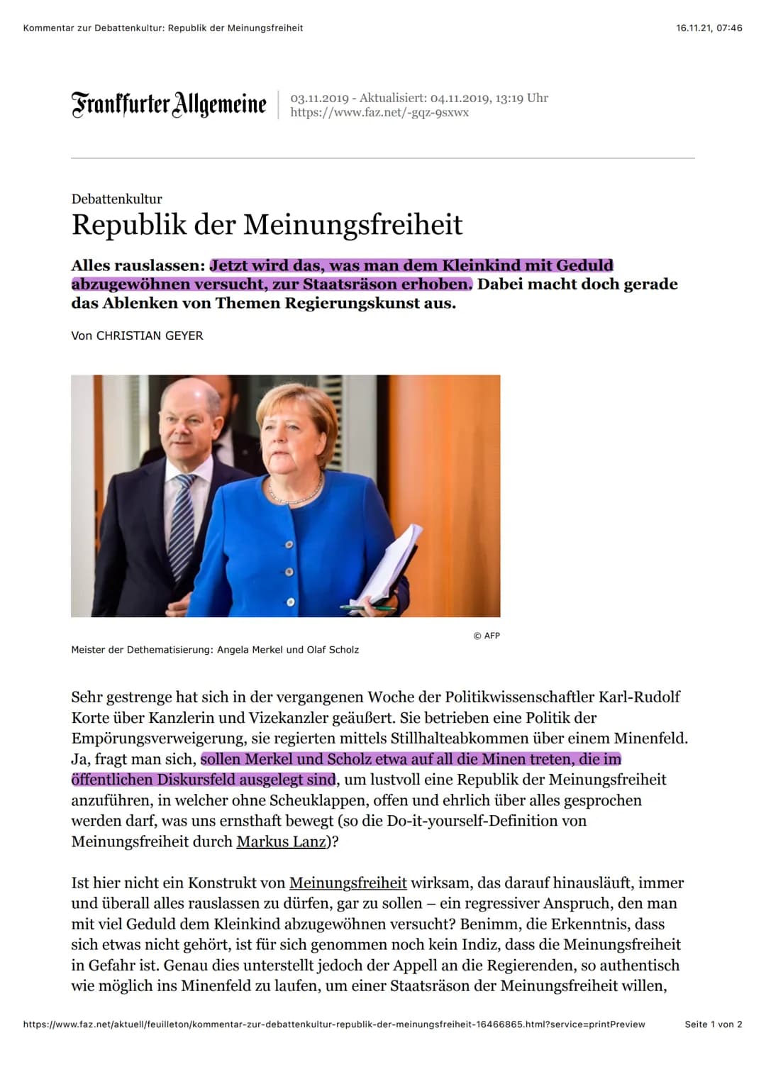 Text: Kommentare Analysieren von Ellen Eichhorn
Christian Geyer hat am 4.11.19, Republik der Meinungsfreiheit, für die Frankfurter
Allgemein