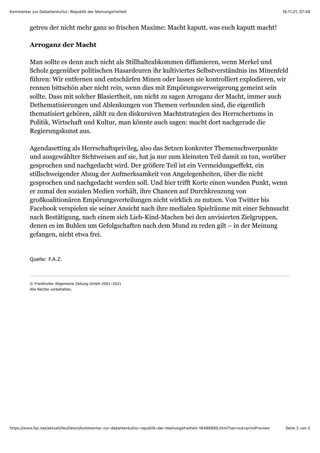 Text: Kommentare Analysieren von Ellen Eichhorn
Christian Geyer hat am 4.11.19, Republik der Meinungsfreiheit, für die Frankfurter
Allgemein