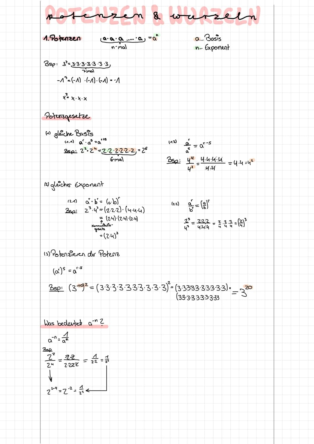posenzen & warzeln
a... Basis
n... Exponent
1. Potenzen
Bsp: 3²= 3·3·3·3·3·3·3,
7mal
-1³-(-1) · (-1)-(-₁) = -1
x²³x.x.x
Potenzgesetze
(1) gl