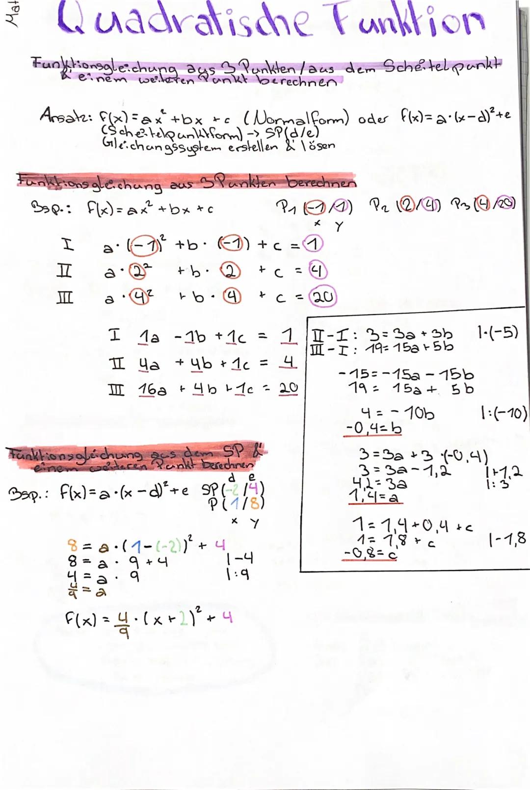Mat
# Quadratische Funktion
Funktionsgleichung aus 3 Punkten / aus dem Scheitel punkt
& einem weiteren Punkt berechnen
Ansatz: F(x)=ax+bx+c 