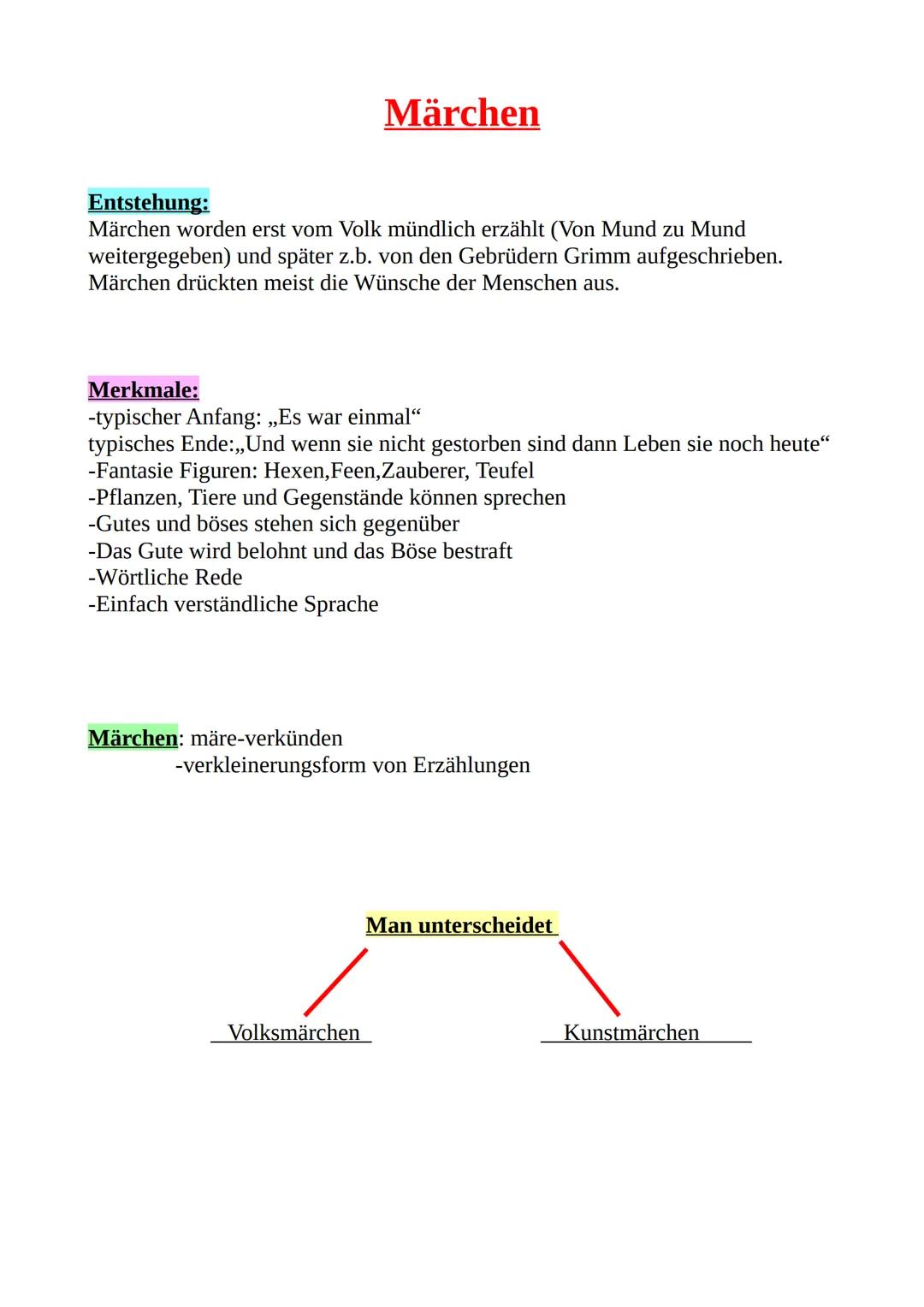 # Märchen

Entstehung:
Märchen worden erst vom Volk mündlich erzählt (Von Mund zu Mund
weitergegeben) und später z.b. von den Gebrüdern Grim