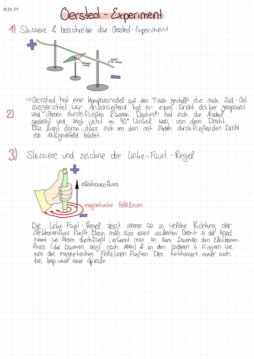 Oersted-Experiment
1) Skizziere & beschreibe das Oersted- Experiment
+
15.01.21
2)
3)
Kompass-
nadel
Draht
mit Strom
->Oersted hat eine Komp