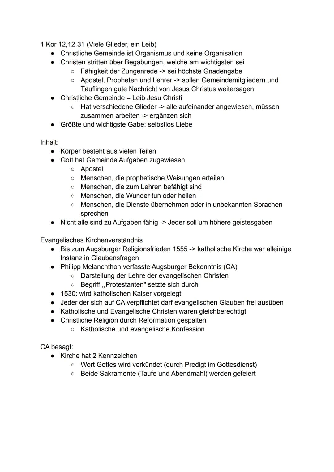 Religion Lernzettel Q4
Vorstellung von Kirche im Neuen Testament
Kirche als "Leib Christi" mit verschiedenen Aufgaben (1.Kor 12,12-31)
● Gem
