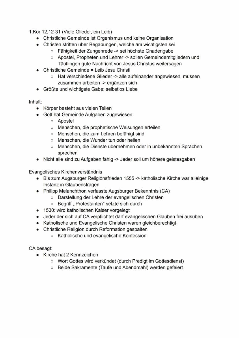 Religion Lernzettel Q4
Vorstellung von Kirche im Neuen Testament
Kirche als "Leib Christi" mit verschiedenen Aufgaben (1.Kor 12,12-31)
● Gem