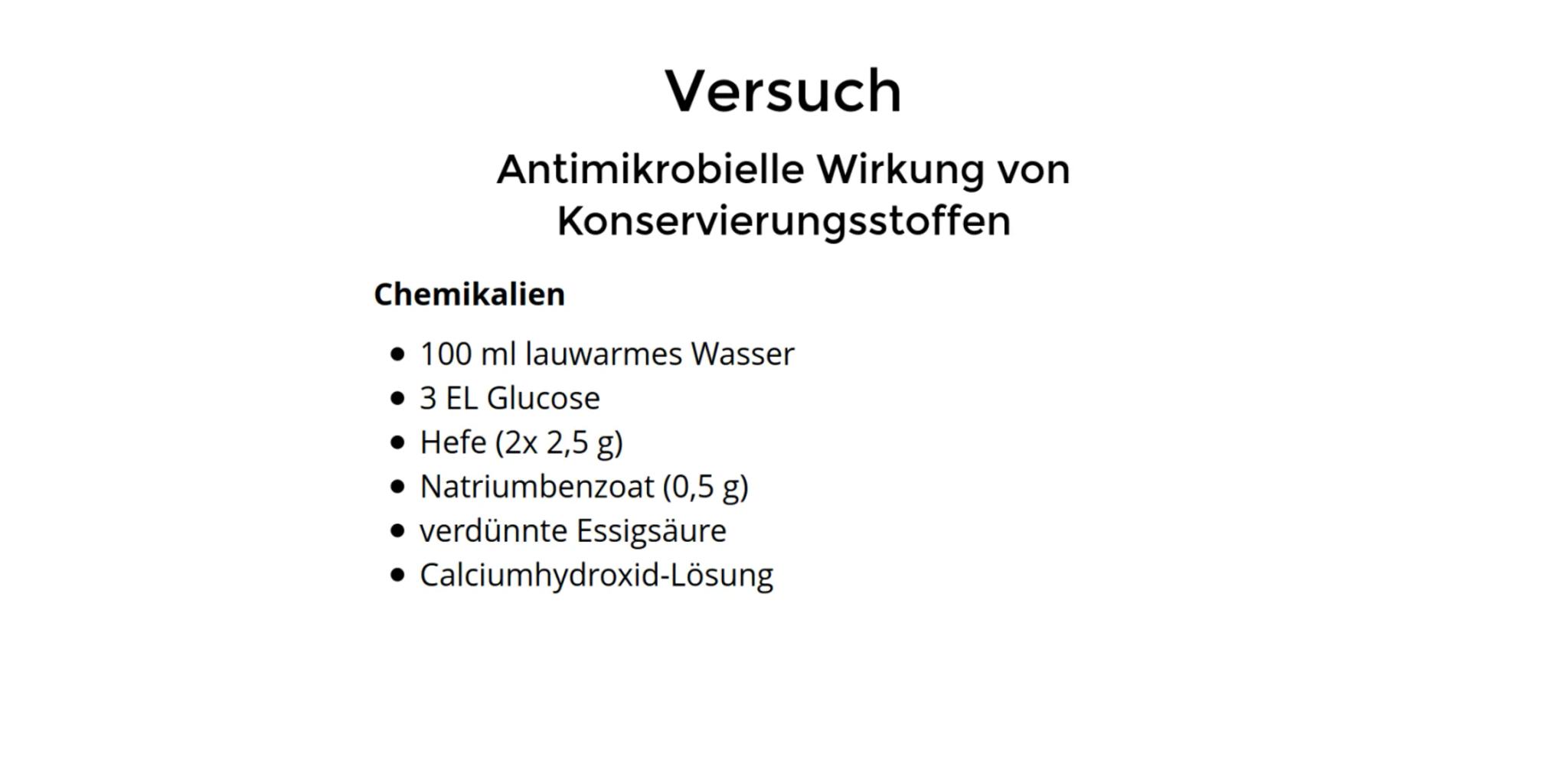 Antimikrobielle Wirkung von
Konservierungsstoffen
2 Erlenmeyerkolben (100 ml), 2 passende durchbohrte Gummistopfen, 2 Gärrährchen,
Magnetrüh