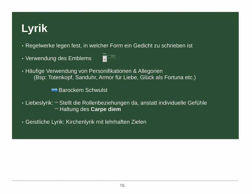 Epoche: Barock
Grundlagen
Merkmale
1.
Dichter &
Werke
Quellen
Liebesgedicht
Abb. 1 Grundlagen
Unterteilung: Frühbarock (1600-1650)
Hochbaroc