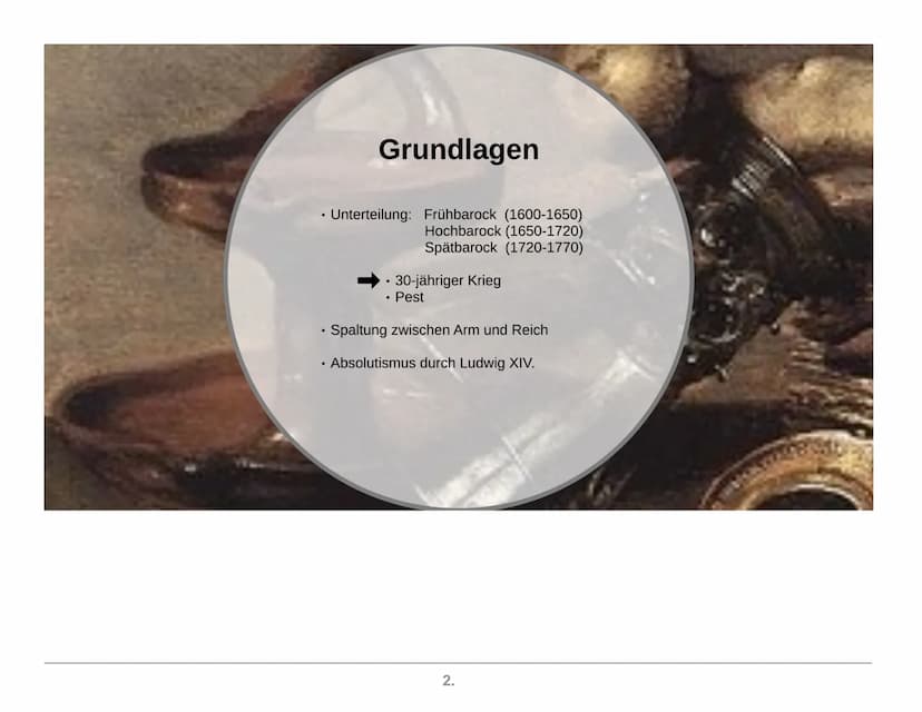Epoche: Barock
Grundlagen
Merkmale
1.
Dichter &
Werke
Quellen
Liebesgedicht
Abb. 1 Grundlagen
Unterteilung: Frühbarock (1600-1650)
Hochbaroc