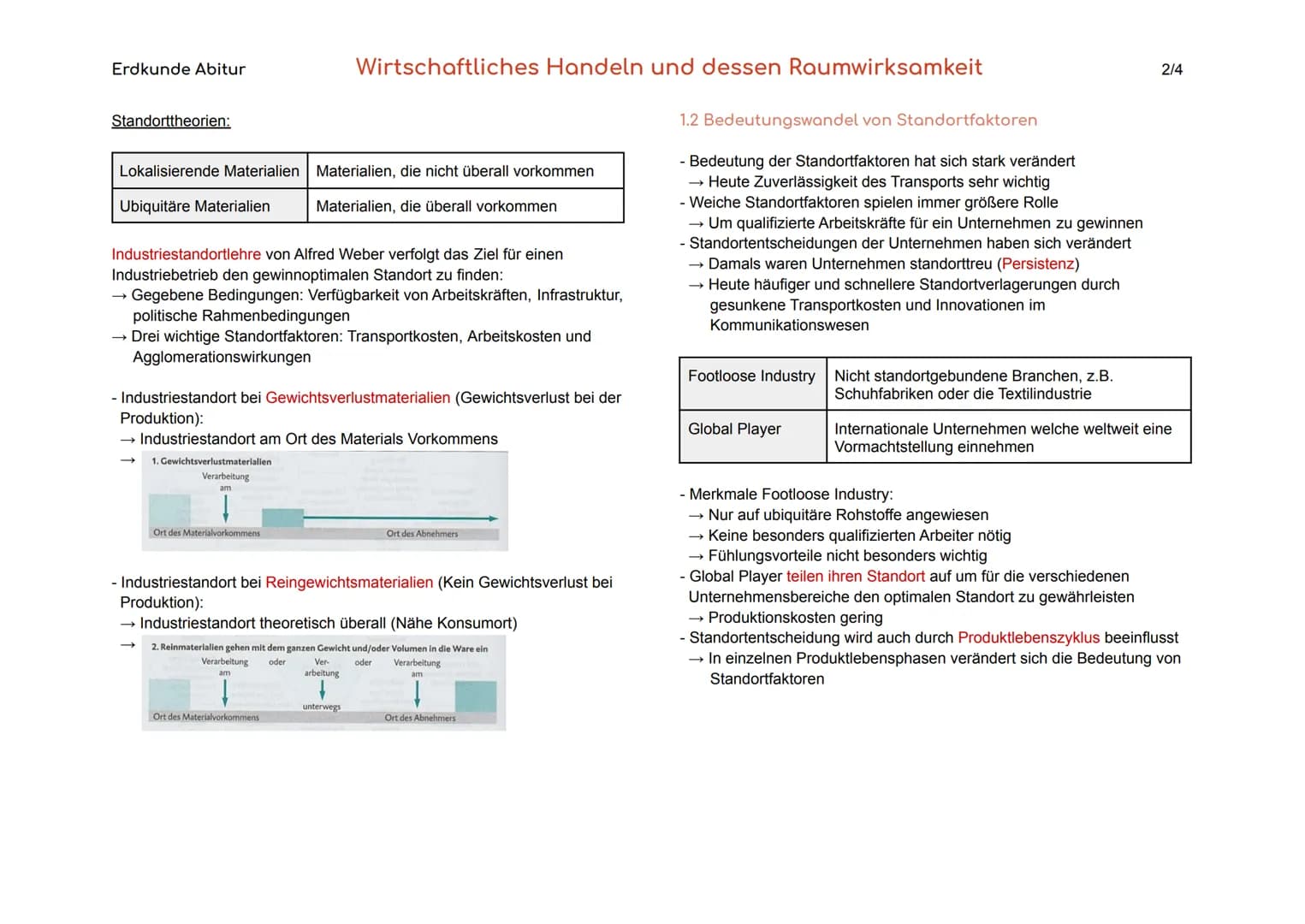 Erdkunde Abitur
1. Unternehmerische Standortwahl und ihre Auswirkung
auf dem Raum
Standortfaktoren Spezielle Faktoren vor Ort, die die Stand