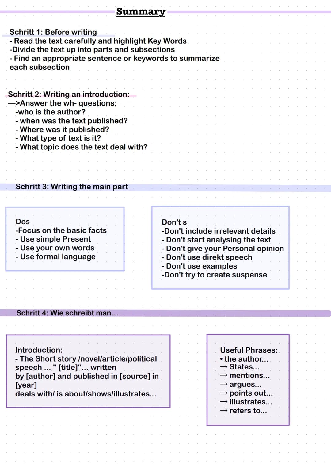 Summary
Schritt 1: Before writing
- Read the text carefully and highlight Key Words
-Divide the text up into parts and subsections
- Find an