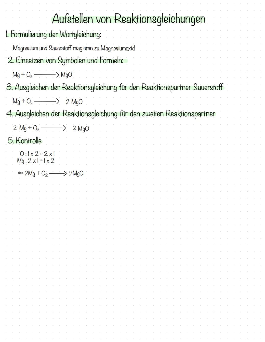 1. Formulierung der Wortgleichung:
Magnesium und Sauerstoff reagieren zu Magnesiumoxid
2. Einsetzen von Symbolen und Formeln:
Mg + 0₂ -> MgO