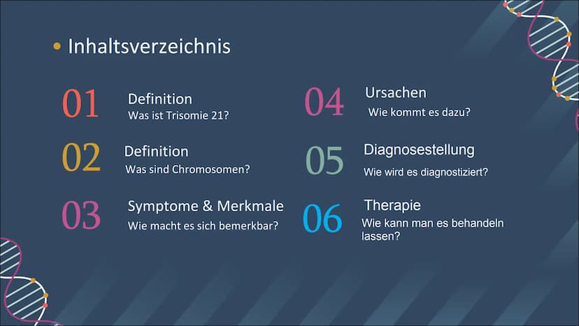 GENETIK
TRISOMIE 21
INKAN Inhaltsverzeichnis
01
02
03
Definition
Was ist Trisomie 21?
Definition
Was sind Chromosomen?
Symptome & Merkmale
W
