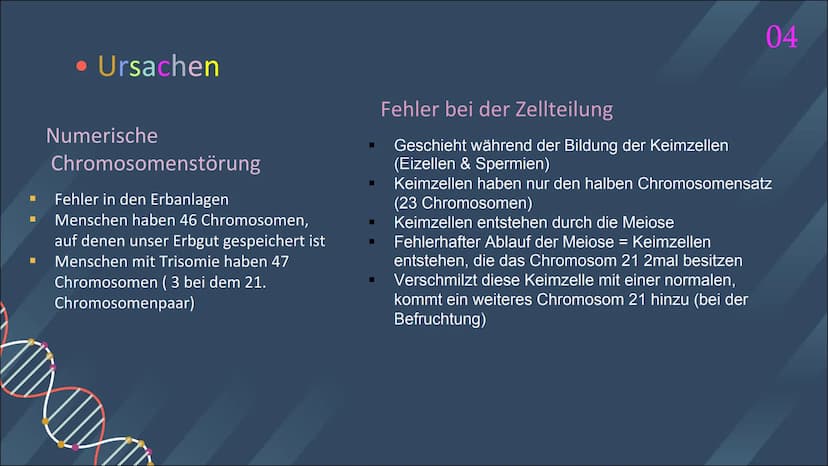 GENETIK
TRISOMIE 21
INKAN Inhaltsverzeichnis
01
02
03
Definition
Was ist Trisomie 21?
Definition
Was sind Chromosomen?
Symptome & Merkmale
W