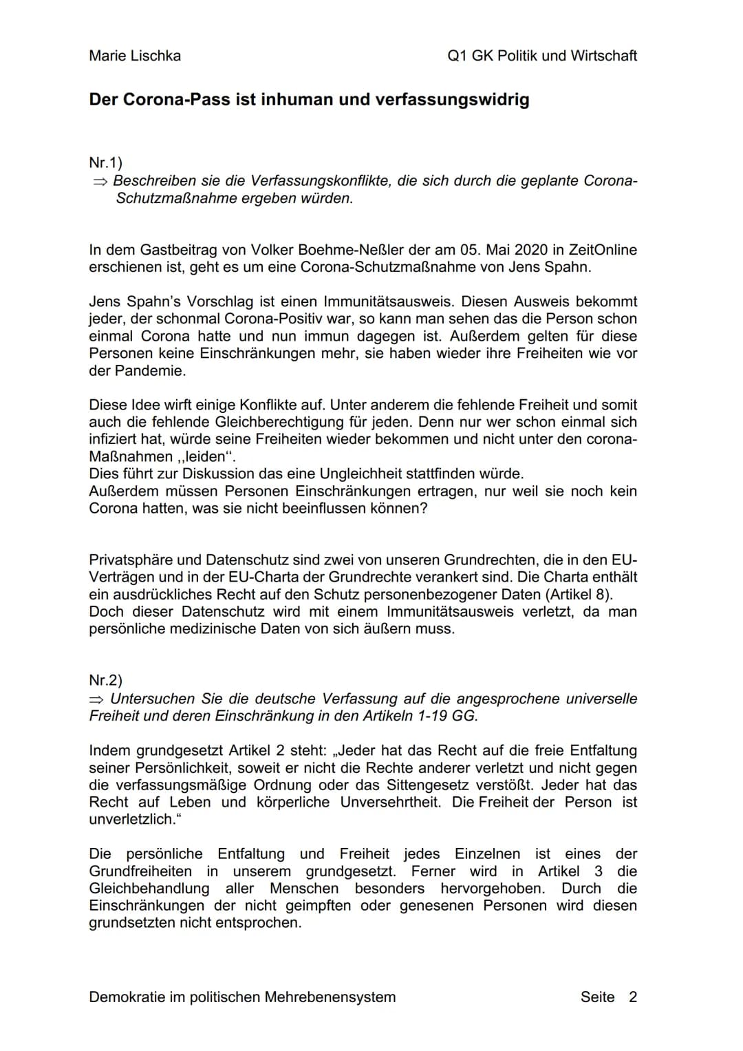 Verfassung und Verfassungswirklichkeit:
Rechtsstaatlichkeit und
Verfassungskonflikte
Marie Lischka
Q1
Herr Prechtl
Ausarbeitung
Politik und 