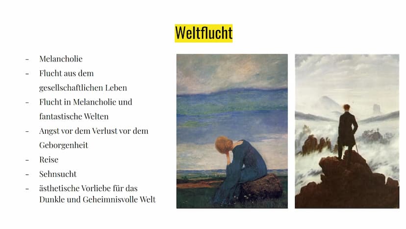 Die Merkmale der
Romantik Inhaltsangabe
Themen:
- Weltflucht
- Hinwendung zur Natur
- Verklärung des Mittelalters
- Rückzug in Fantasie- und