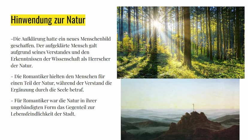 Die Merkmale der
Romantik Inhaltsangabe
Themen:
- Weltflucht
- Hinwendung zur Natur
- Verklärung des Mittelalters
- Rückzug in Fantasie- und