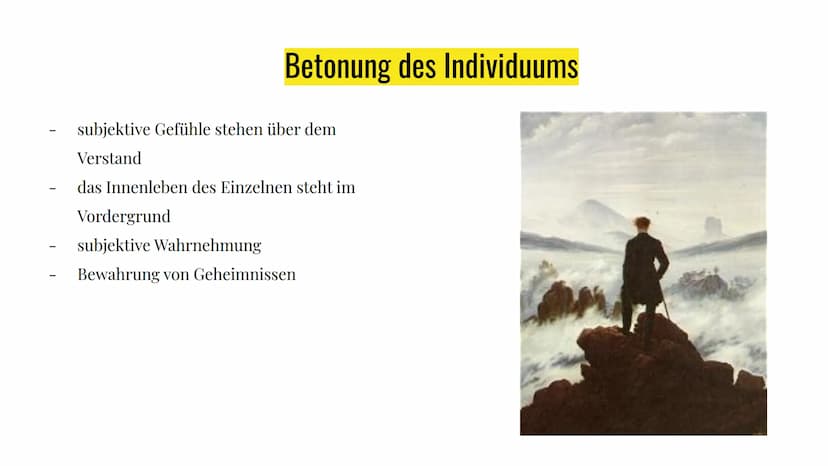 Die Merkmale der
Romantik Inhaltsangabe
Themen:
- Weltflucht
- Hinwendung zur Natur
- Verklärung des Mittelalters
- Rückzug in Fantasie- und