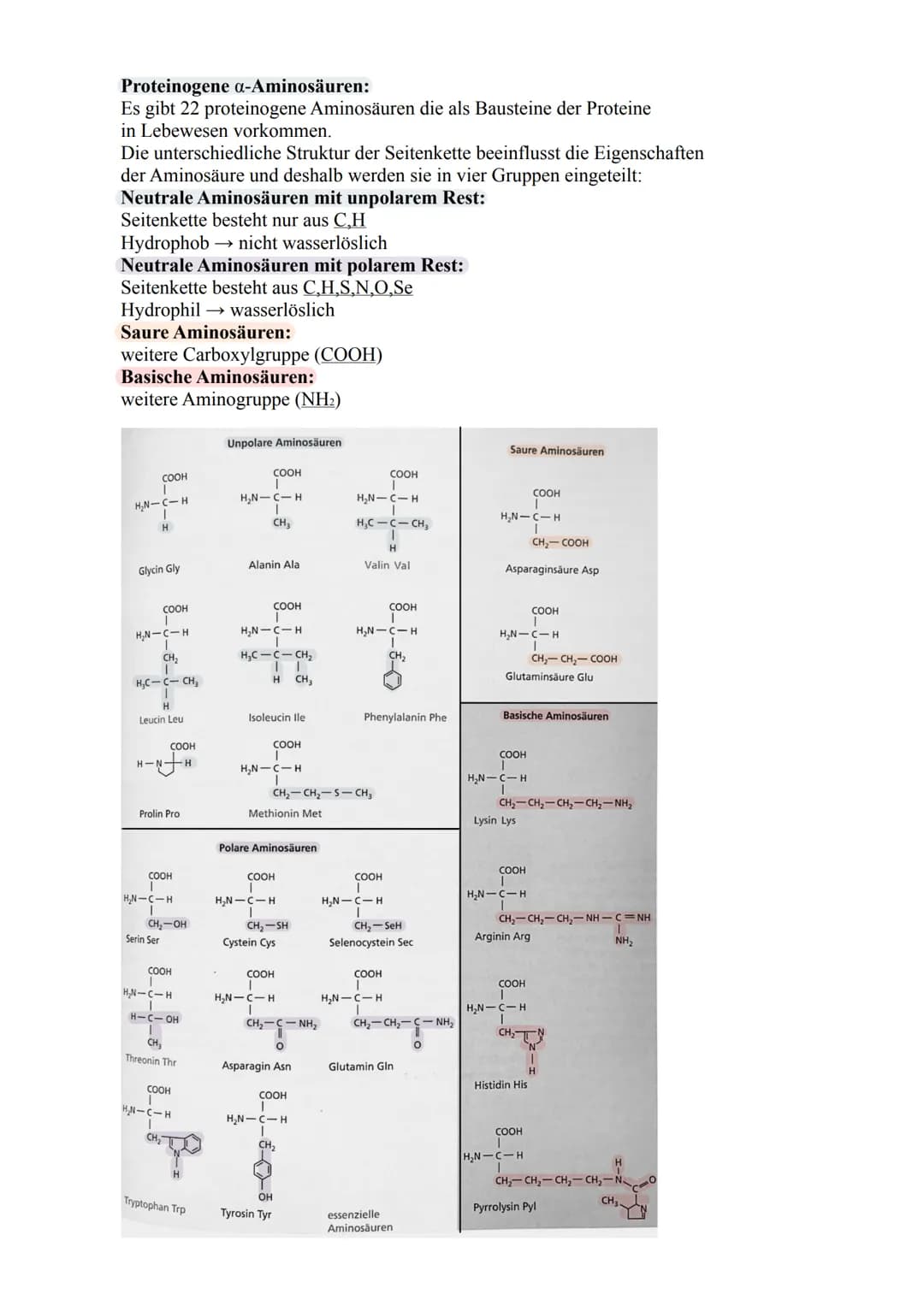 Aminosäure
Strukturformel:
COOH
I
H₂N-C-H
I
R
L-Aminosäure
COOH
I
H-C-NH2
T
R
D-Aminosäure/
kommt in der Natur vor / Aminogruppe ist in der 