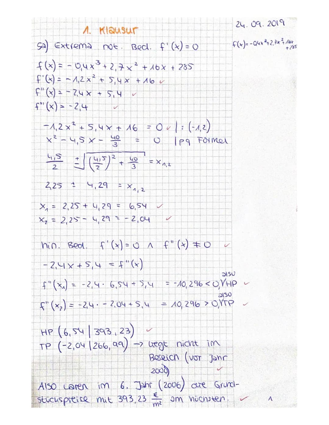 1. Klausur
Sa) Extrema not. Bed. f'(x) = 0
3
f(x) = -0,4 x ³ + 2₁ 7 x² + 16x + 285
_f'(x) = ~ 1,² x ² + 5,4x + 16 ~
F"(x) = -2,4x +5.4
f"(x)