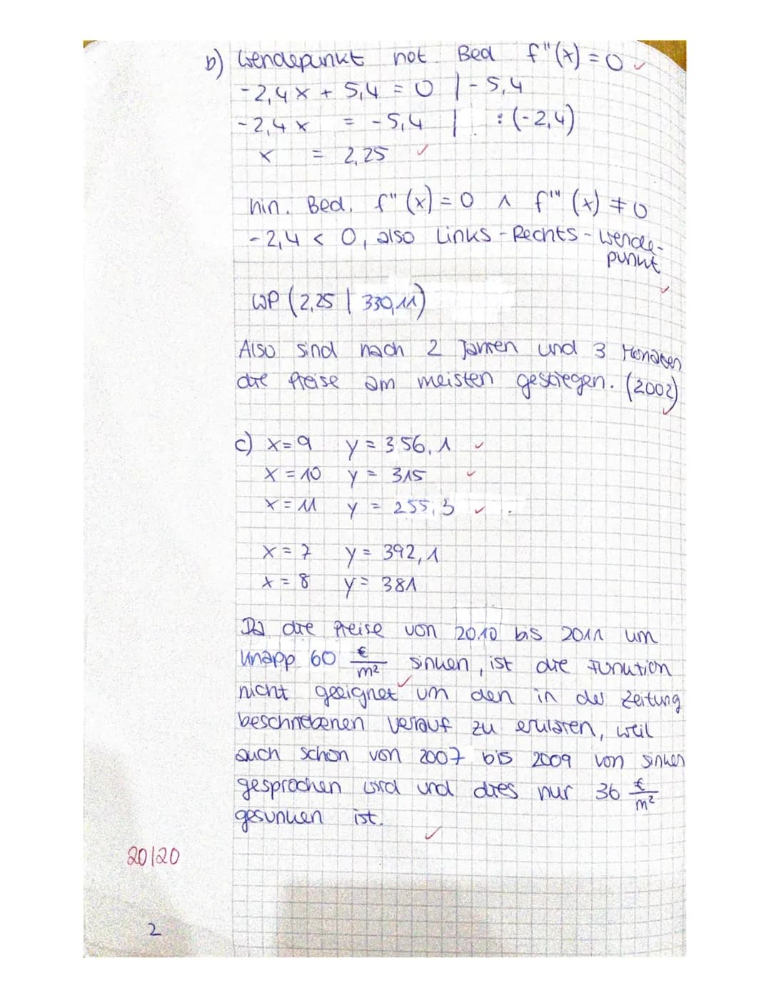 1. Klausur
Sa) Extrema not. Bed. f'(x) = 0
3
f(x) = -0,4 x ³ + 2₁ 7 x² + 16x + 285
_f'(x) = ~ 1,² x ² + 5,4x + 16 ~
F"(x) = -2,4x +5.4
f"(x)