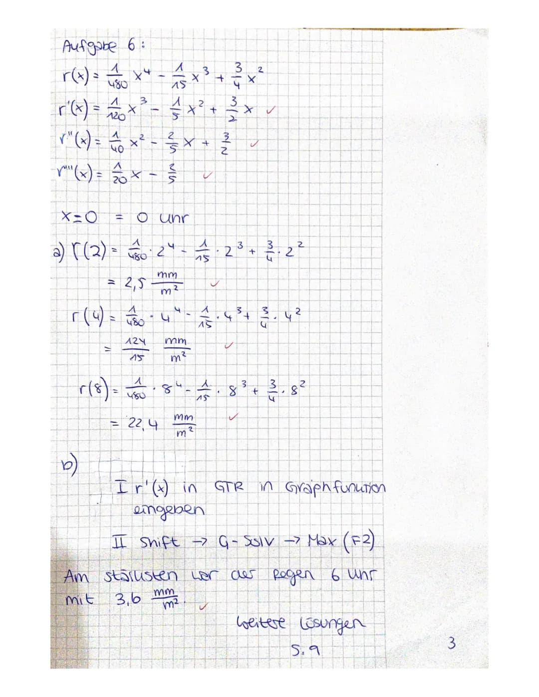 1. Klausur
Sa) Extrema not. Bed. f'(x) = 0
3
f(x) = -0,4 x ³ + 2₁ 7 x² + 16x + 285
_f'(x) = ~ 1,² x ² + 5,4x + 16 ~
F"(x) = -2,4x +5.4
f"(x)