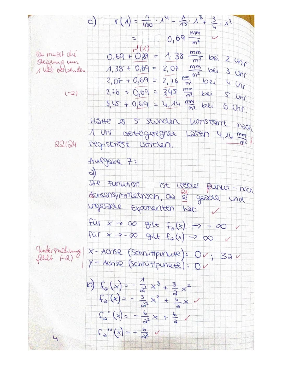 1. Klausur
Sa) Extrema not. Bed. f'(x) = 0
3
f(x) = -0,4 x ³ + 2₁ 7 x² + 16x + 285
_f'(x) = ~ 1,² x ² + 5,4x + 16 ~
F"(x) = -2,4x +5.4
f"(x)