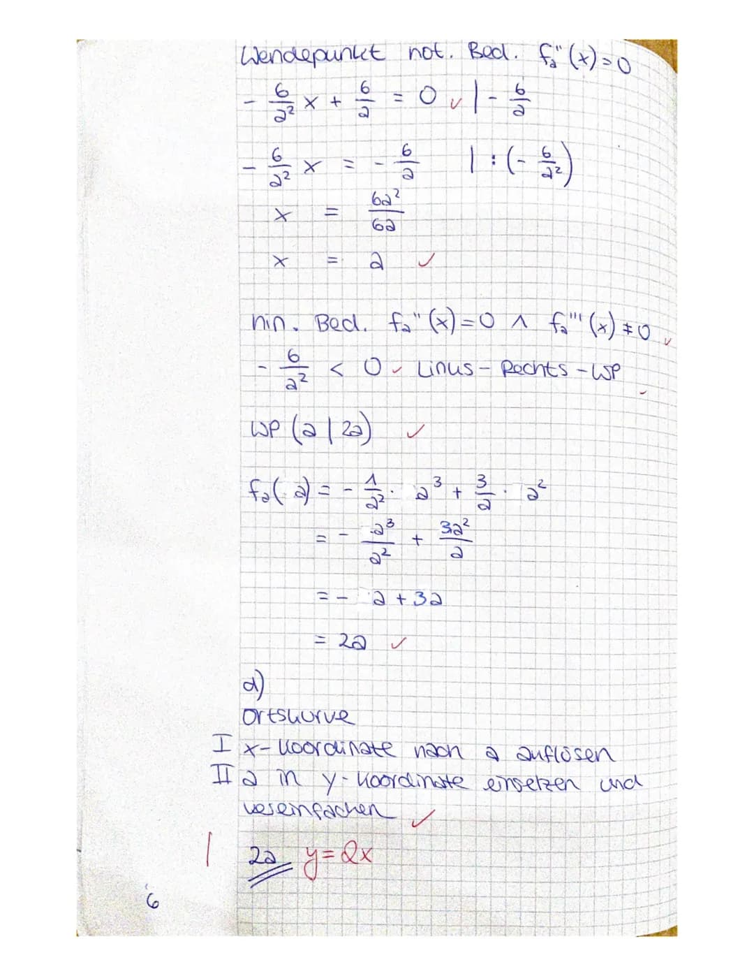 1. Klausur
Sa) Extrema not. Bed. f'(x) = 0
3
f(x) = -0,4 x ³ + 2₁ 7 x² + 16x + 285
_f'(x) = ~ 1,² x ² + 5,4x + 16 ~
F"(x) = -2,4x +5.4
f"(x)