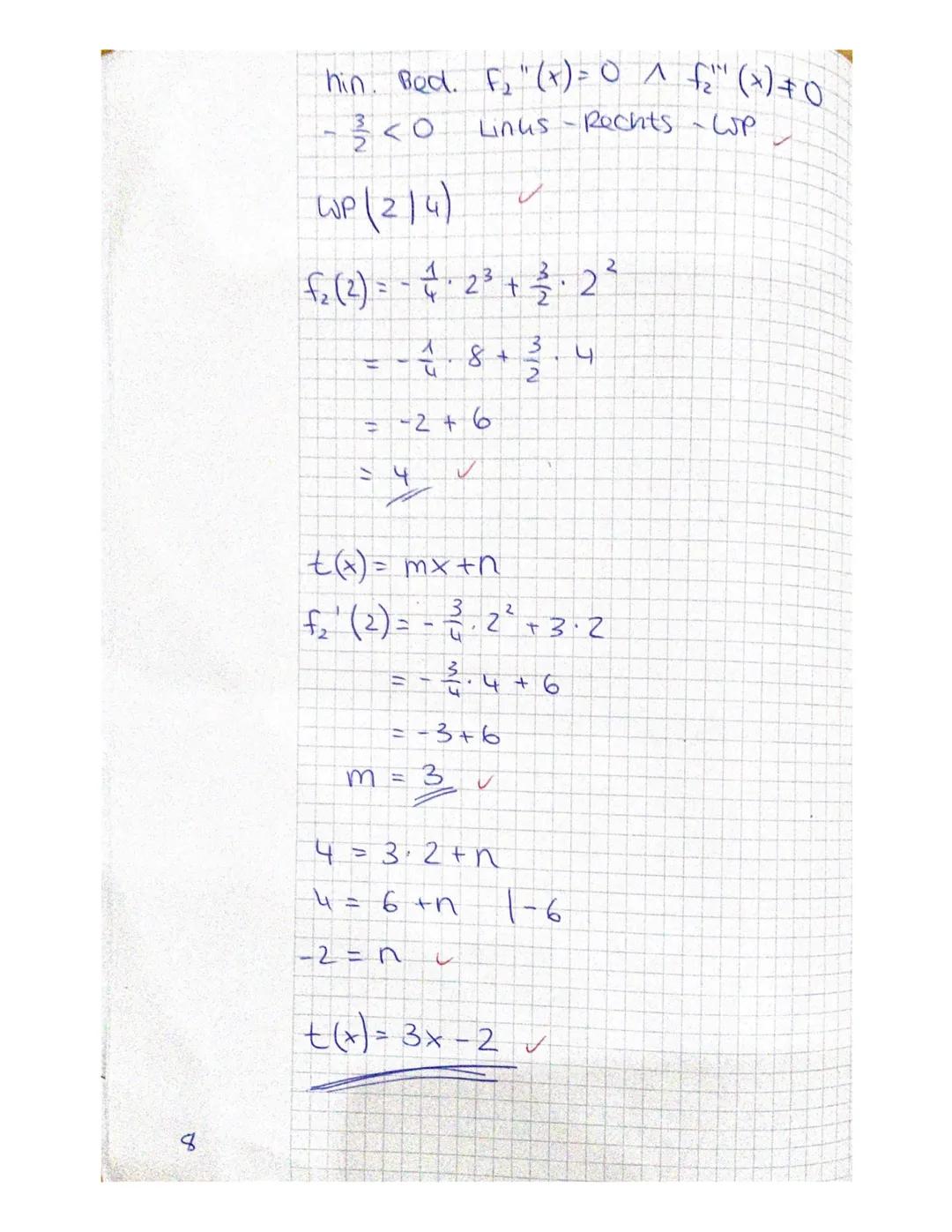 1. Klausur
Sa) Extrema not. Bed. f'(x) = 0
3
f(x) = -0,4 x ³ + 2₁ 7 x² + 16x + 285
_f'(x) = ~ 1,² x ² + 5,4x + 16 ~
F"(x) = -2,4x +5.4
f"(x)