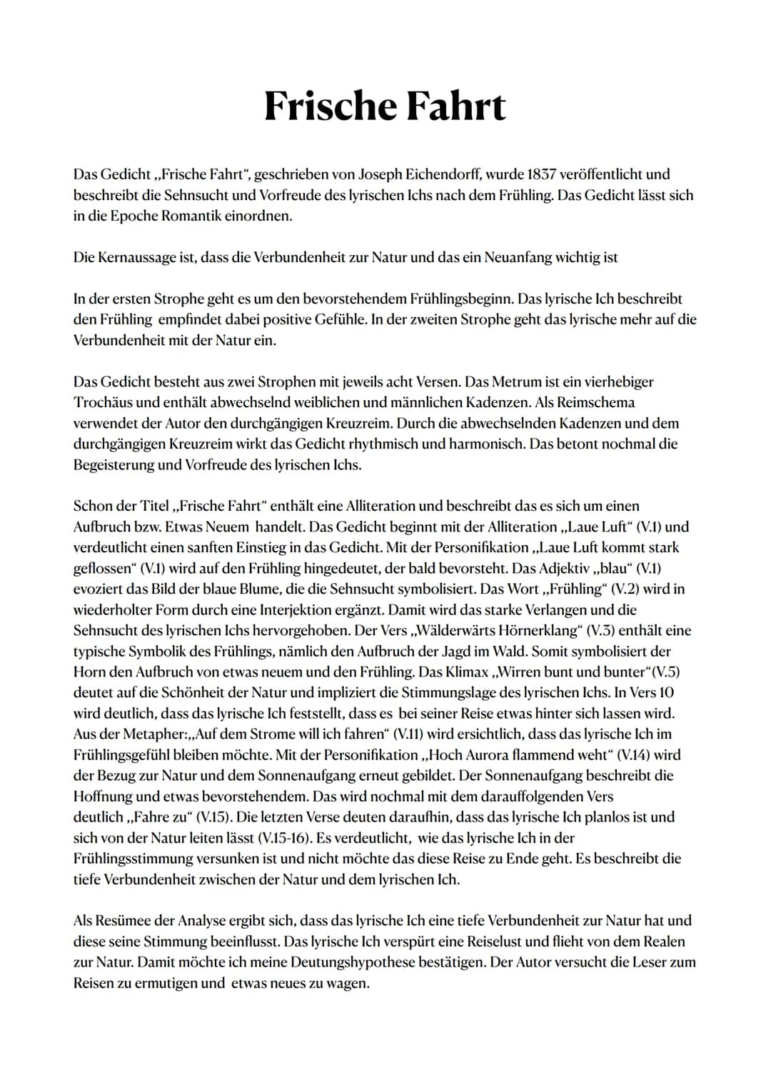 Frische Fahrt
Das Gedicht,,Frische Fahrt", geschrieben von Joseph Eichendorff, wurde 1837 veröffentlicht und
beschreibt die Sehnsucht und Vo