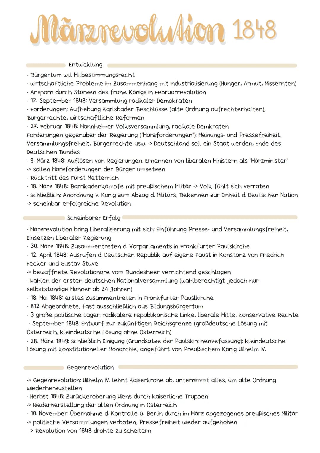 Märzrevolution 1848
Entwicklung
- Bürgertum will Mitbestimmungsrecht
wirtschaftliche Probleme im Zusammenhang mit Industrialisierung (Hunger