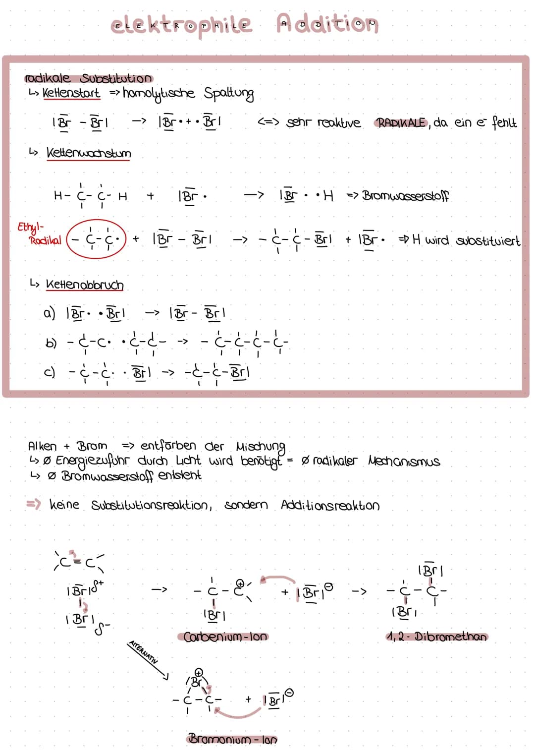 elektrophile Addition
radikale Substitution
L> Ketenstart => • homolytische Spaltung
| Br -Bri -> |Br+ Bri
L> Kettenwachstum
1.
H-C-C- H + |