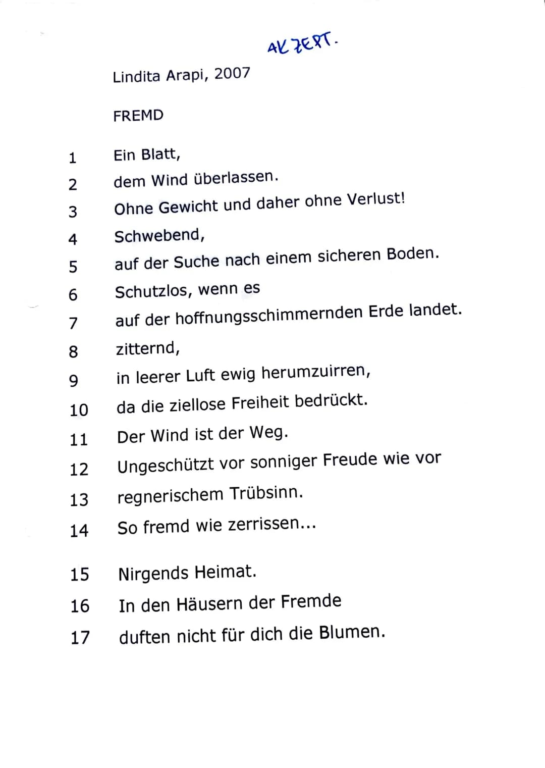 C
Bewertungsbogen/EWH Gedichtanalyse 04.12.2020
1. Verstehensleistung
Aufgabe 1
Die Schülerin/der Schüler...
formuliert einen vollständigen 