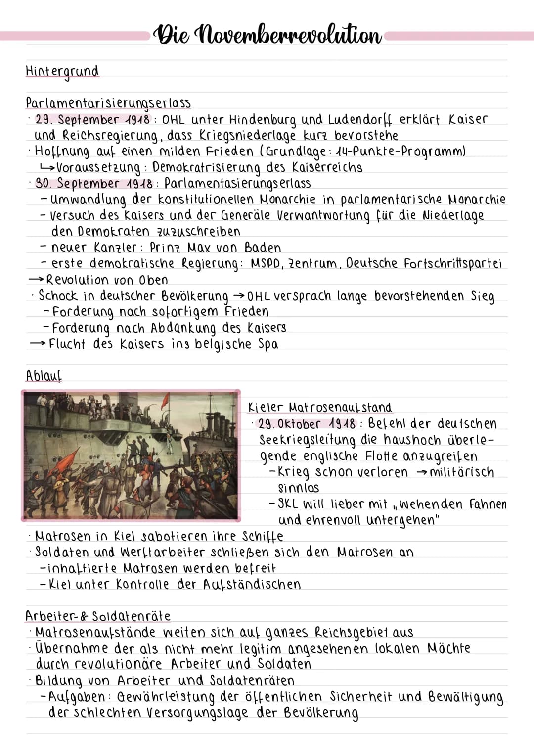 Hintergrund
Die Novemberrevolution
Parlamentarisierungserlass
29. September 1918: OHL unter Hindenburg und Ludendorff erklärt Kaiser
und Rei