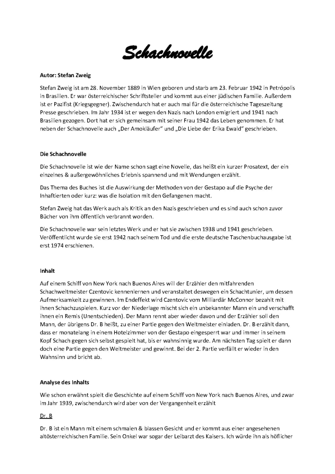 Analyse Schachnovelle von Stefan Zweig