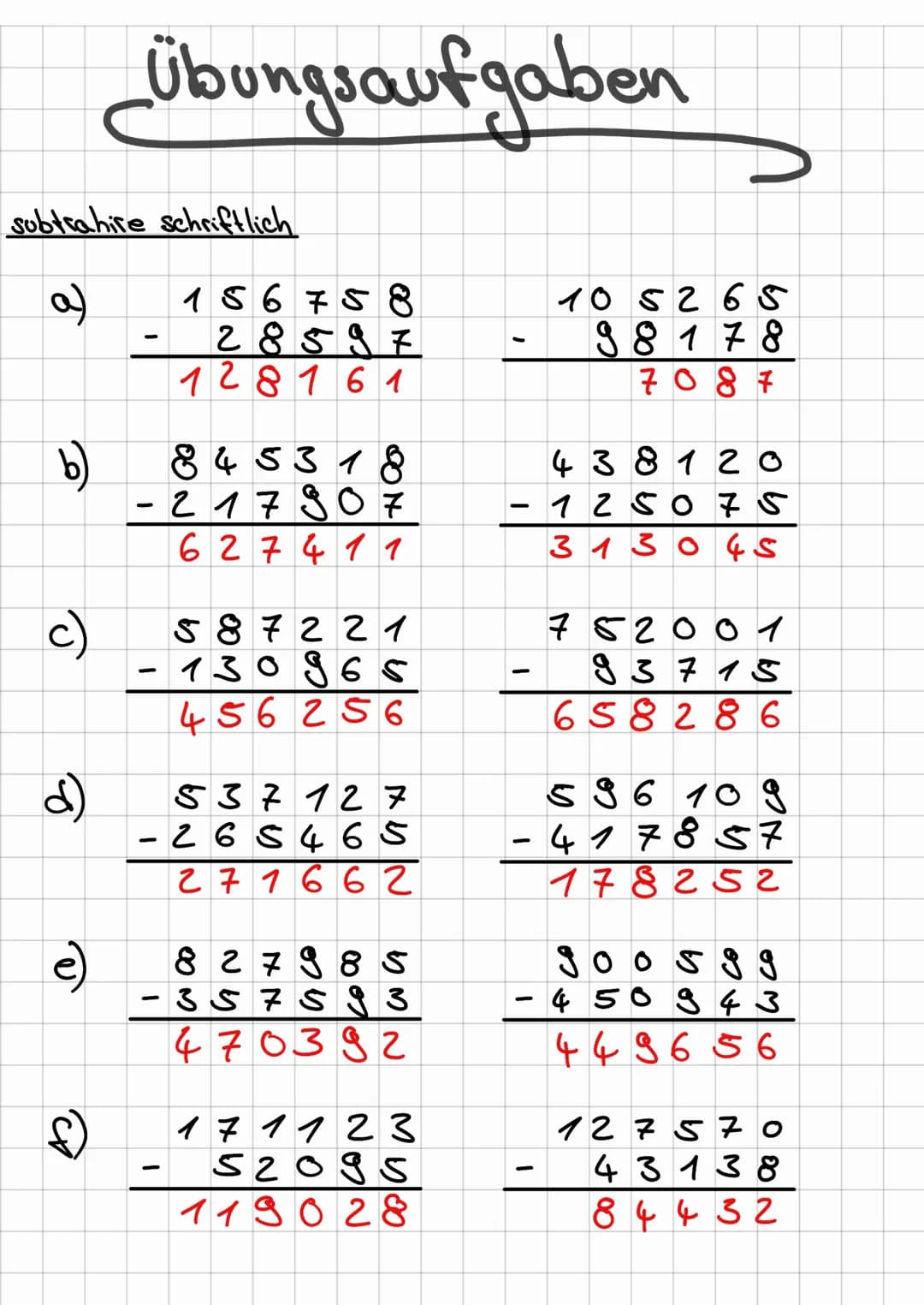 subtrahire schriftlich
(a)
b)
Übungsaufgaben
c)
156758
- 28 5 9 7
97
128161
8 4 5 3 18
- 2 17 907
62 7 4 11
-
d 537 127
2 6 5 4 6 5
27 1 6 6