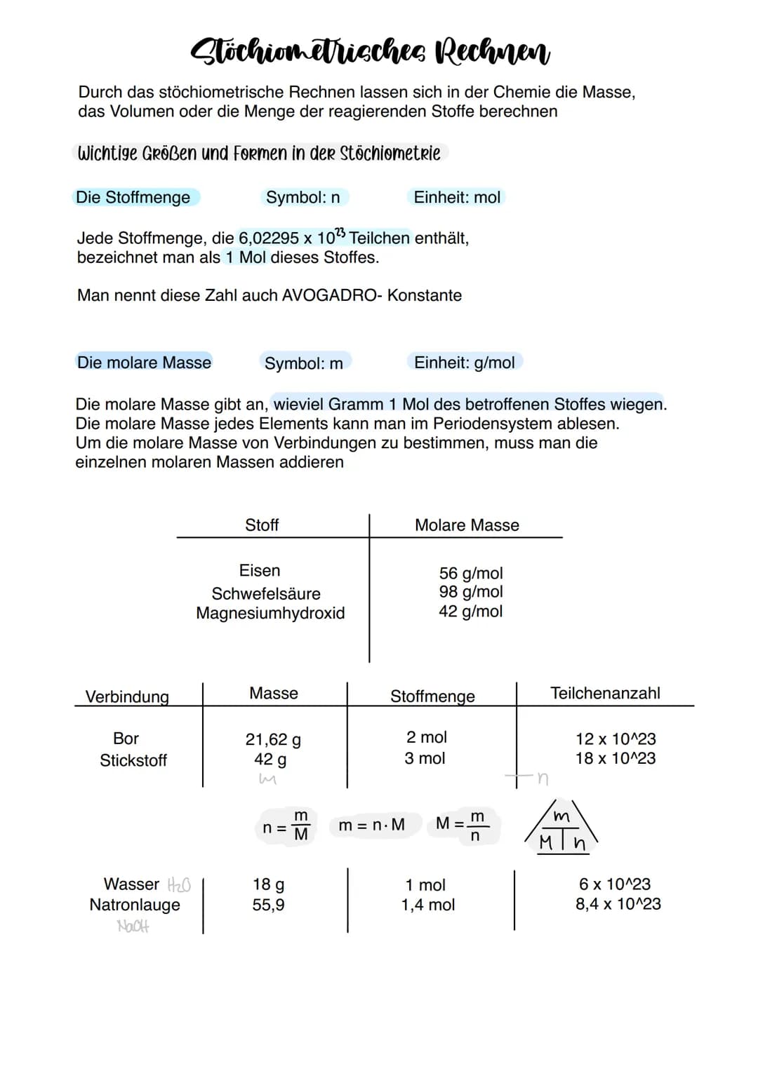 Stöchiometrisches Rechnen
Durch das stöchiometrische Rechnen lassen sich in der Chemie die Masse,
das Volumen oder die Menge der reagierende