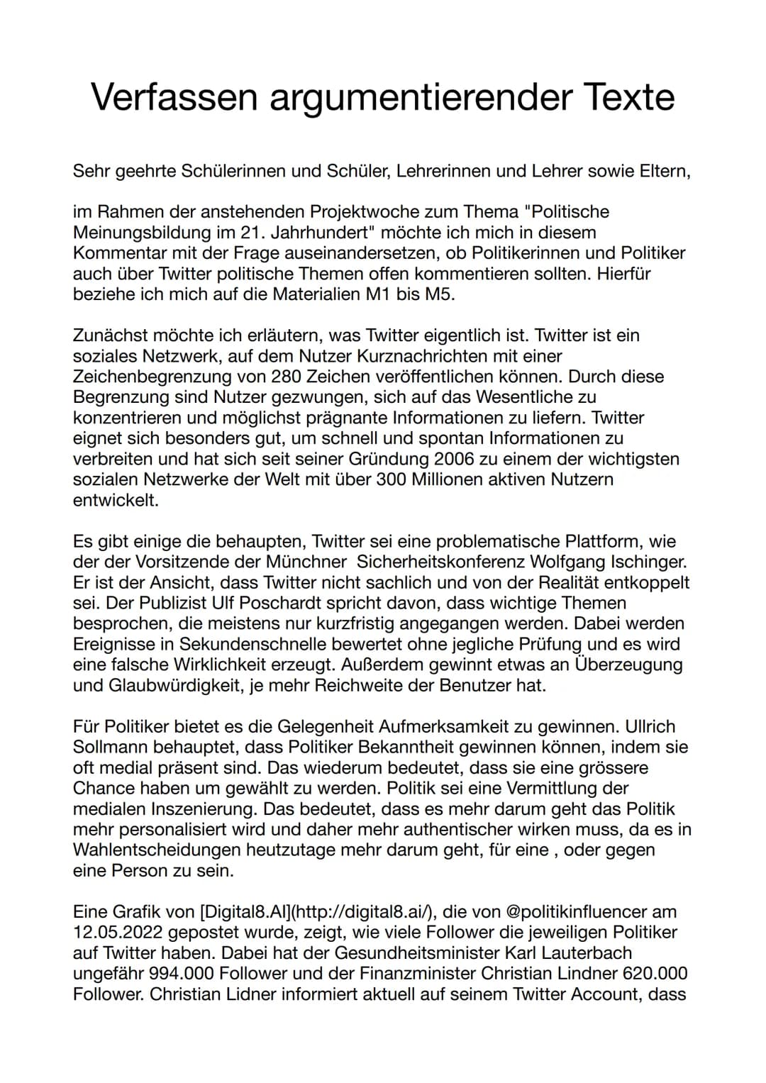 Verfassen argumentierender Texte
Sehr geehrte Schülerinnen und Schüler, Lehrerinnen und Lehrer sowie Eltern,
im Rahmen der anstehenden Proje