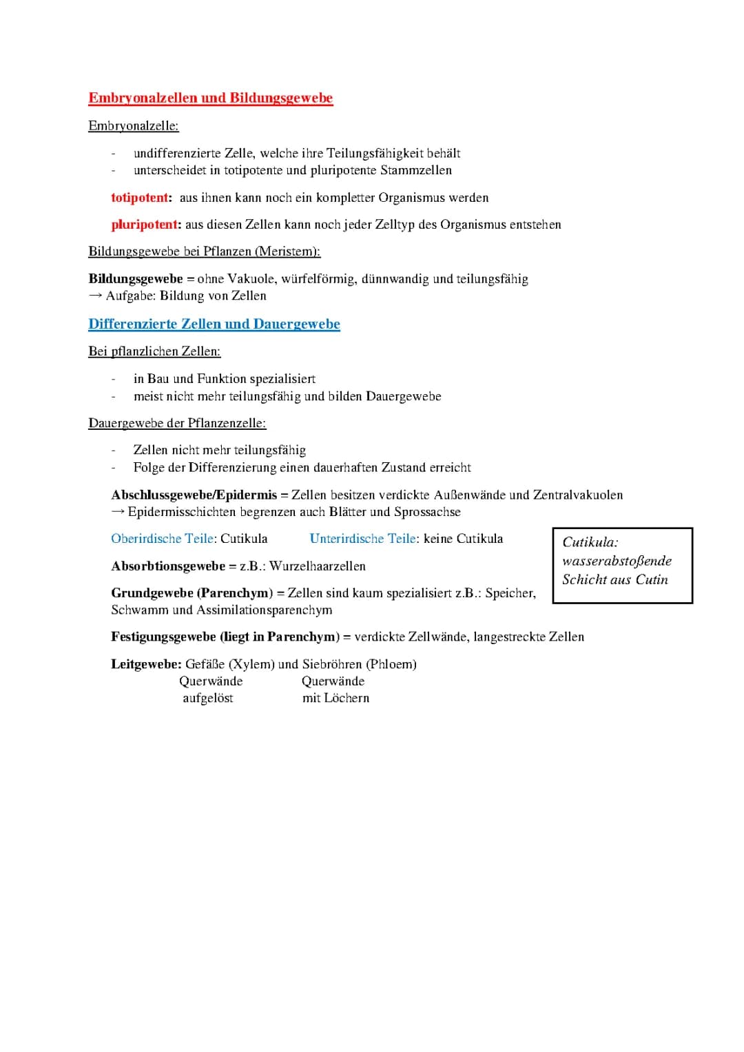Gewebearten der Pflanzenzelle 