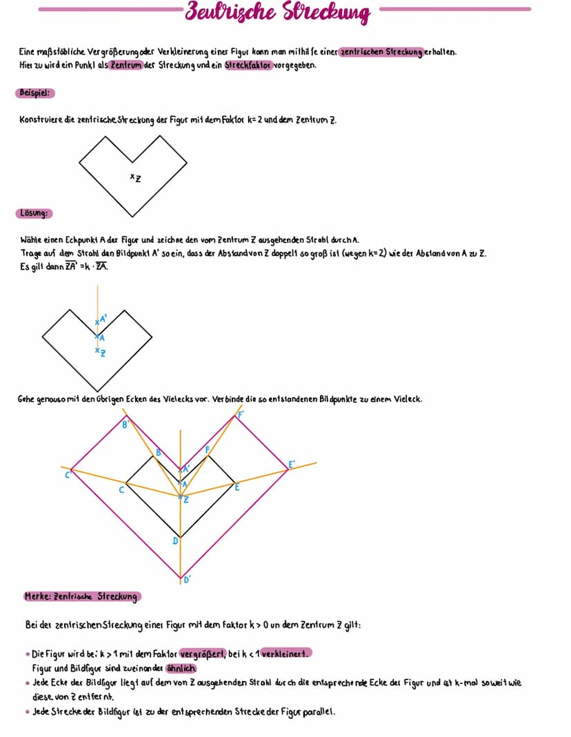 Zentrische Streckung
Streckungszentrum (s)
• Streckungsfaktor (k)
• m.a=a'
• k'•a' = a
• A-k^A'
· A'= k· A
auch Ähnlichkeitsfaktor
• Ist der